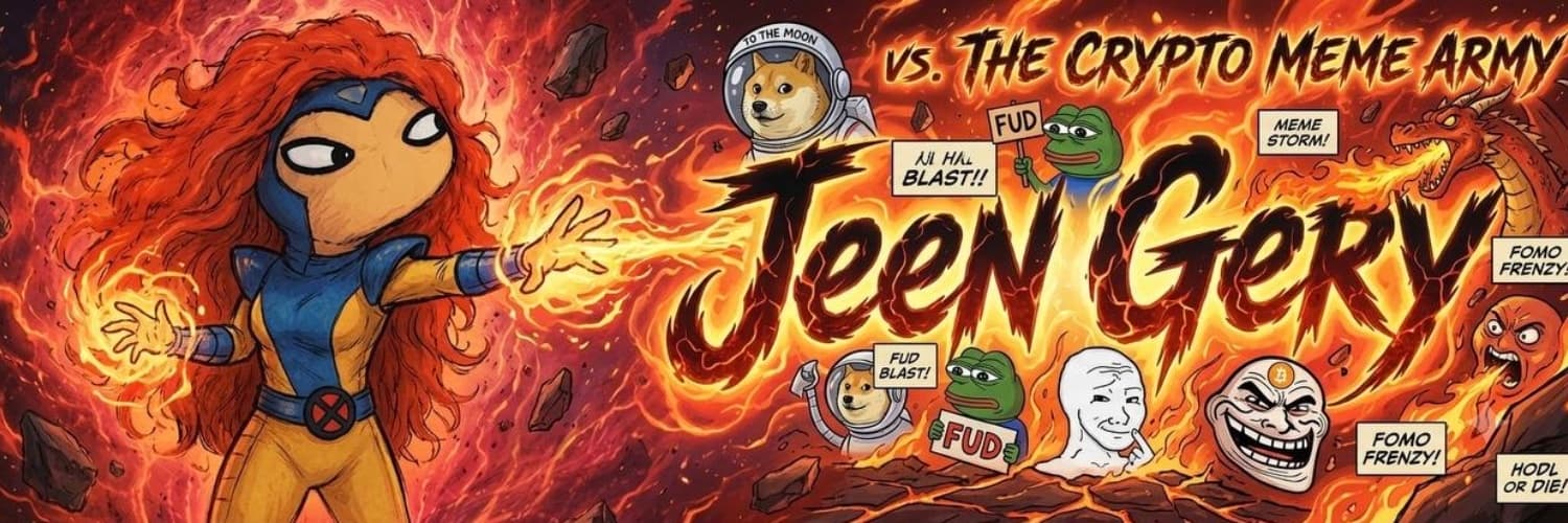 Jeen Gery banner art with the meme army burning in the background